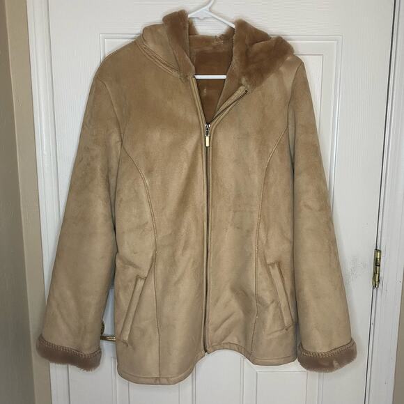 Marvin Richards Jackets & Blazers - Vintage Marvin Richards Faux Fur Suede Tan Neutral Hooded Jacket Womens Medium